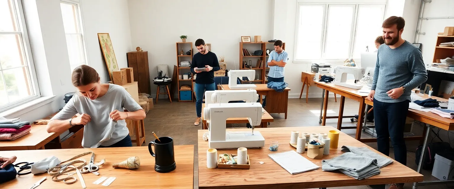 A wide-angle photo inside Izzapew’s studio, taken during a typical production day. The scene shows a bright, naturally lit workspace with light streaming in through tall windows on the left. Unlike a staged setting, the environment feels real, slightly chaotic but productive — the kind of space where things get done.
